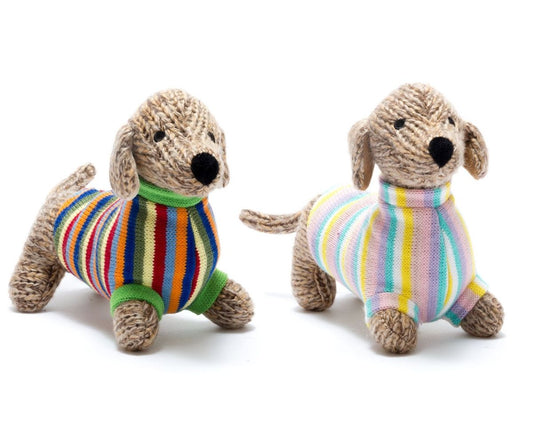 knitted sausage dogs in two different striped sweaters