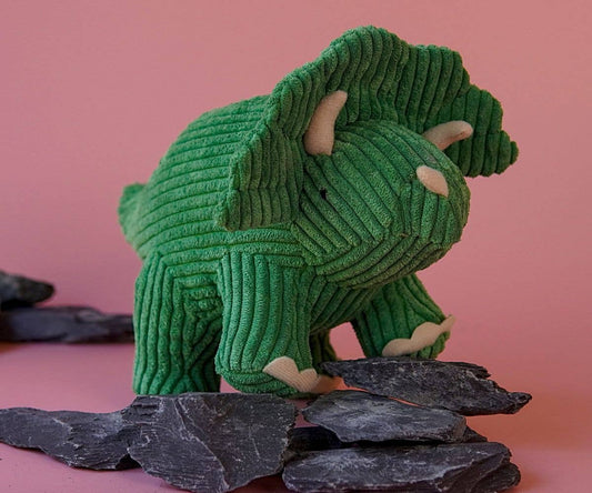 Green corduroy triceratops plush toy