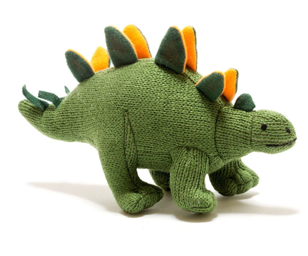 knitted dinosaur rattle - moss stegosaurus