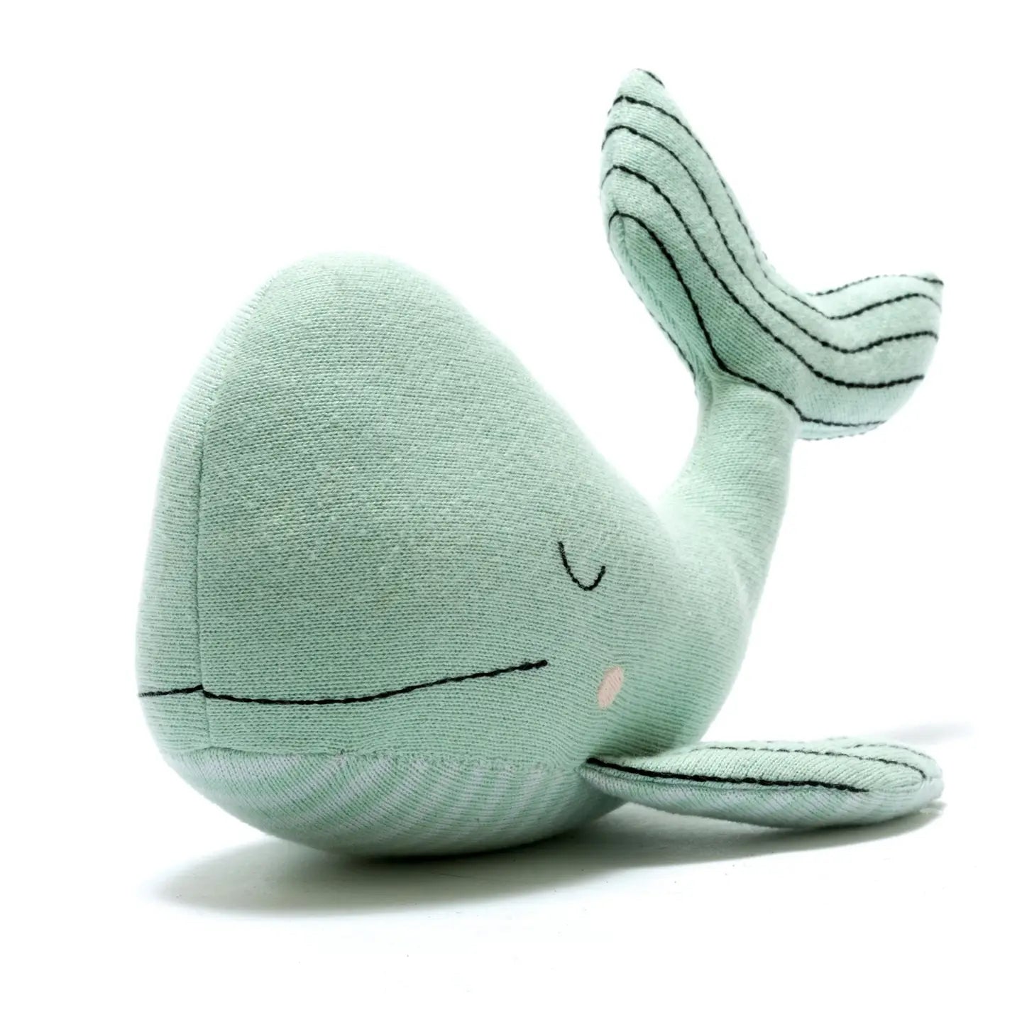 knitted sea green whale plush toy eyes closed