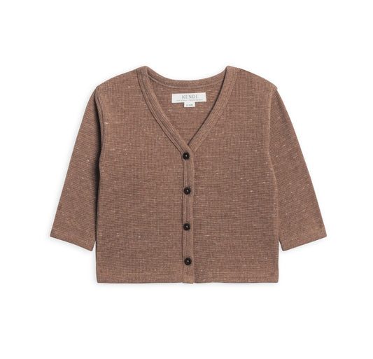 heather mocha waffle button cardigan flat lay