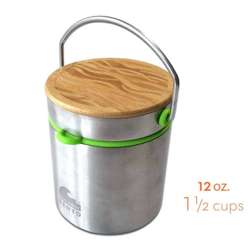 Blue Water Bento insulated food canister with wooden lid on a white background