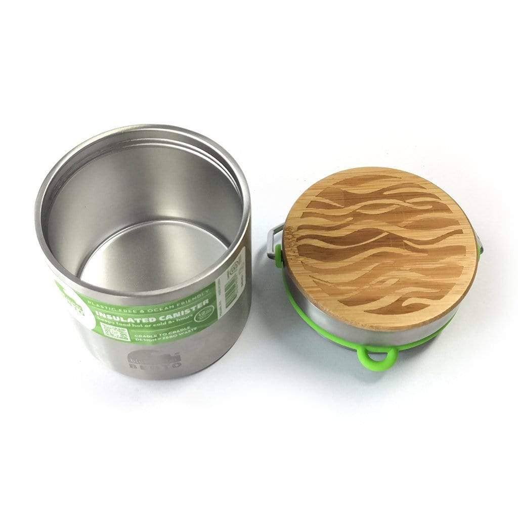 Stainless steel container with a bamboo lid open on a white background