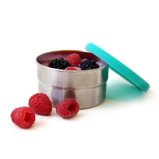Metal snack container with berries on a white background