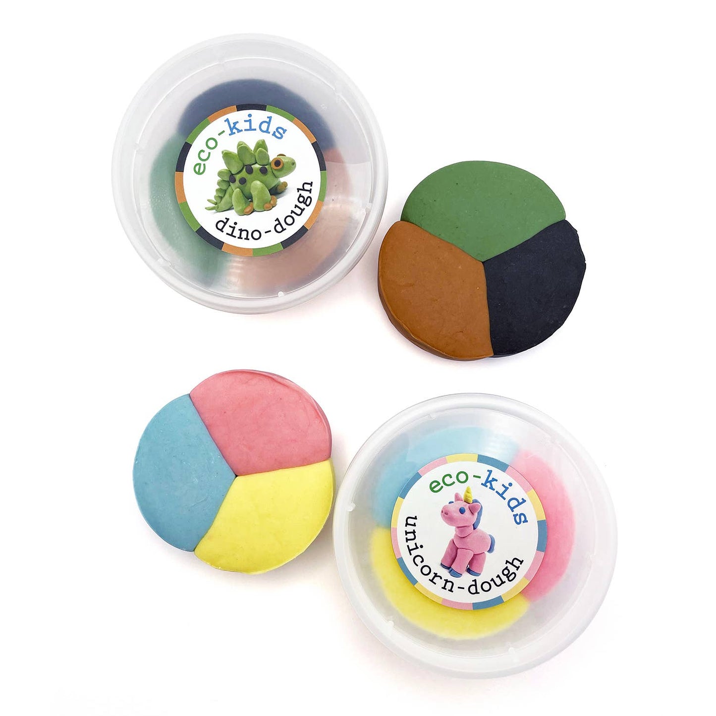 eco themed play dough tubs in both unicorn and dinosaur color