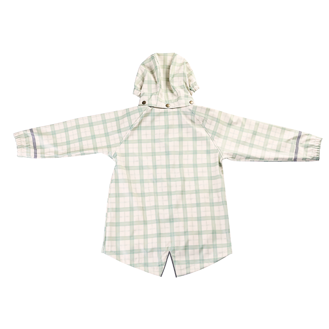 Green and white checkered raincoat with a hood on a white background