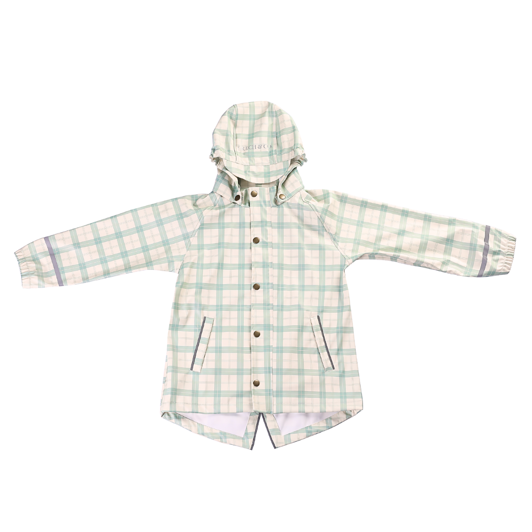 Plaid-patterned raincoat with a hood on a white background