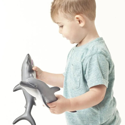 Toddler standing and holding two natural rubber dolphins