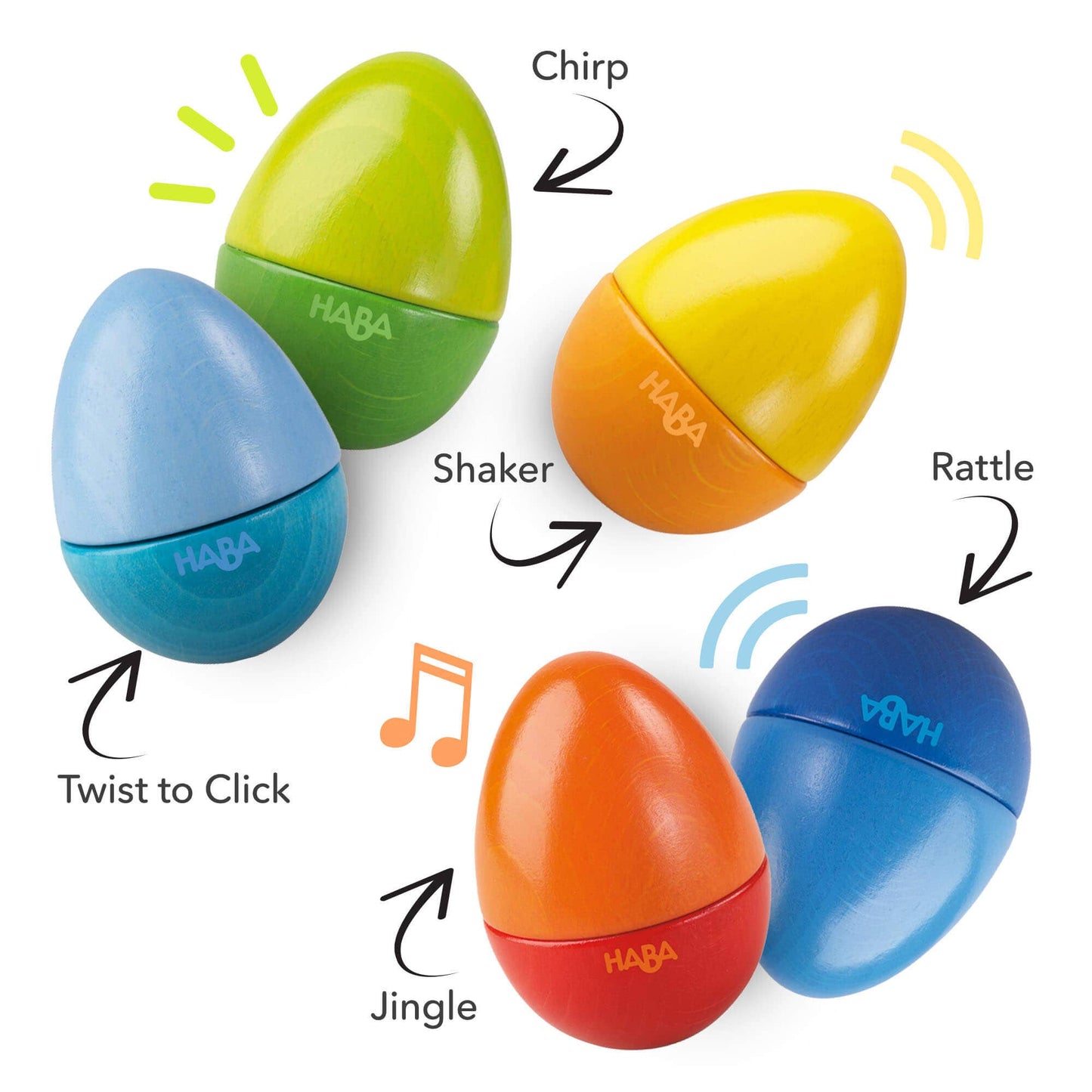 HABA's Musical Eggs with respective sounds indicated. Green chirps, light blue clicks, yellow shaker, orange jingles, bue rattles.