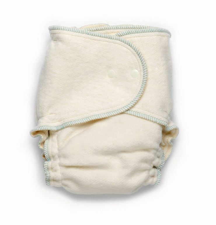 Beige cloth diaper with gray elastic trim on a white background