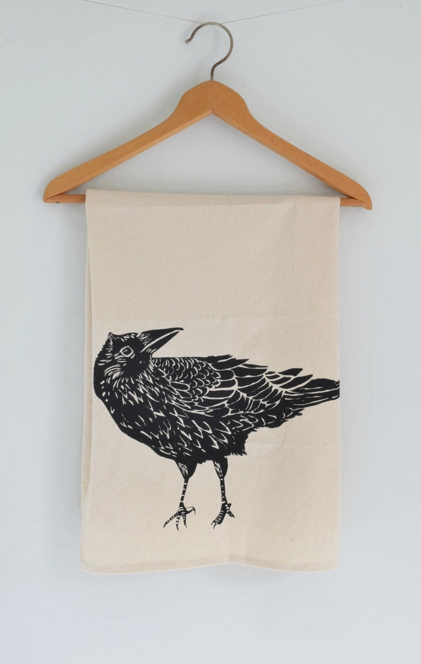 organic cotton crow tea towel hanging