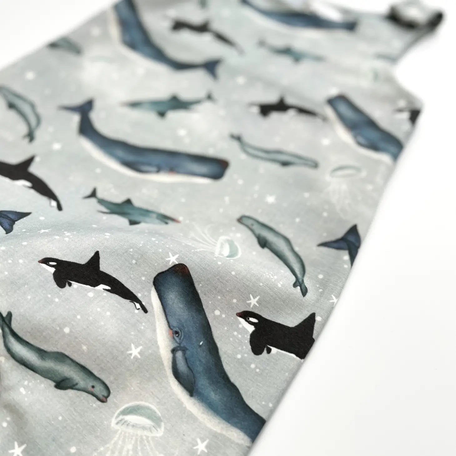 Close up of Whales Organic Baby Romper