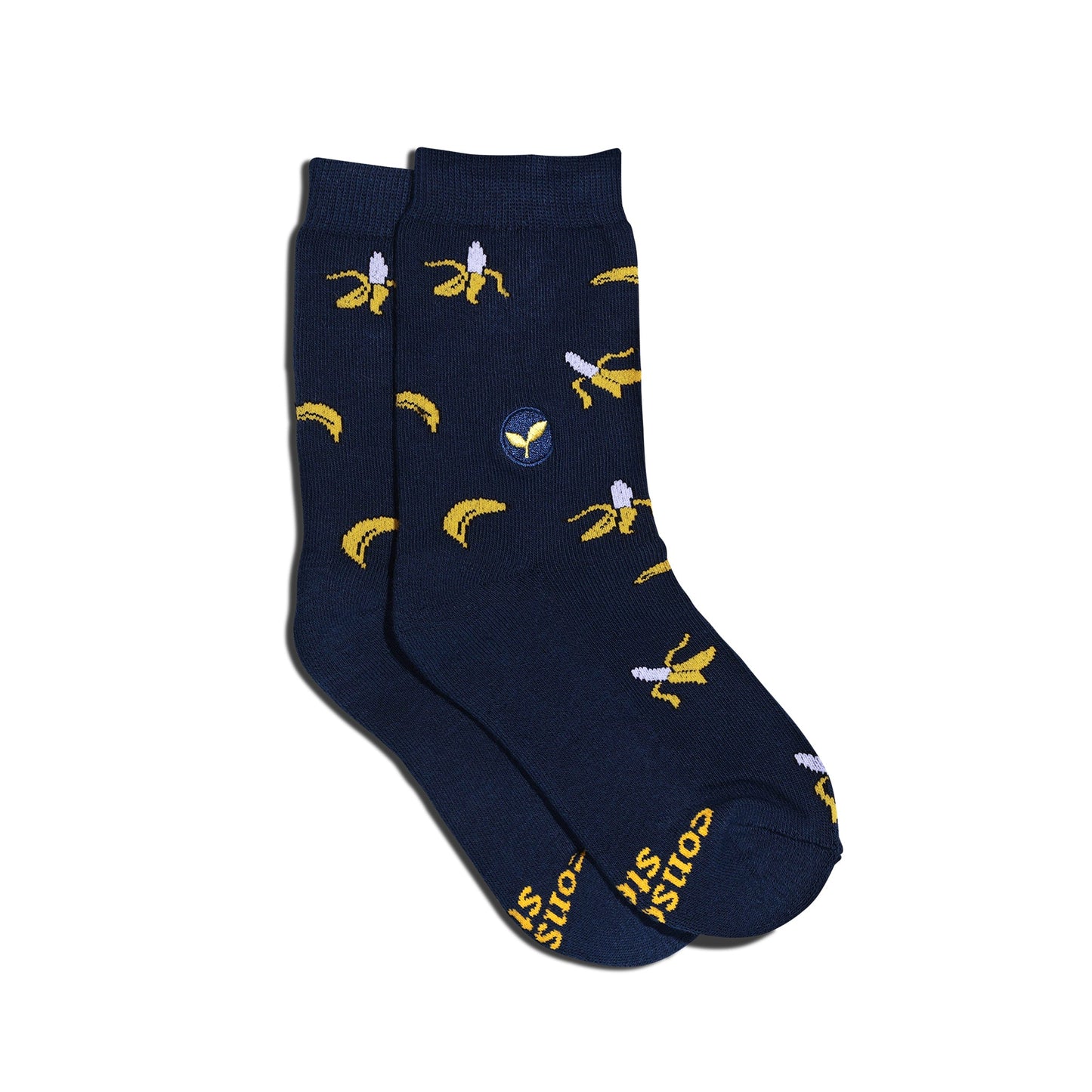 Navy blue socks with banana prints on a white background