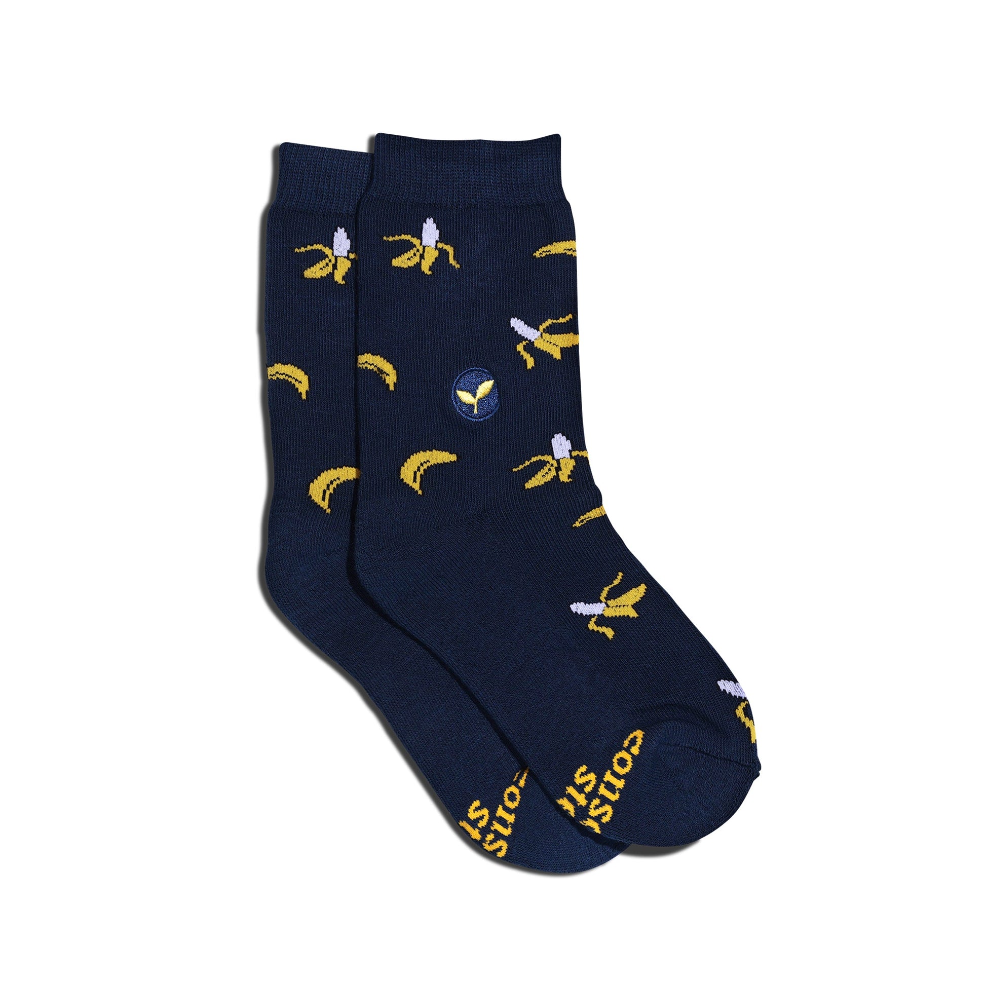 Navy blue socks with banana prints on a white background