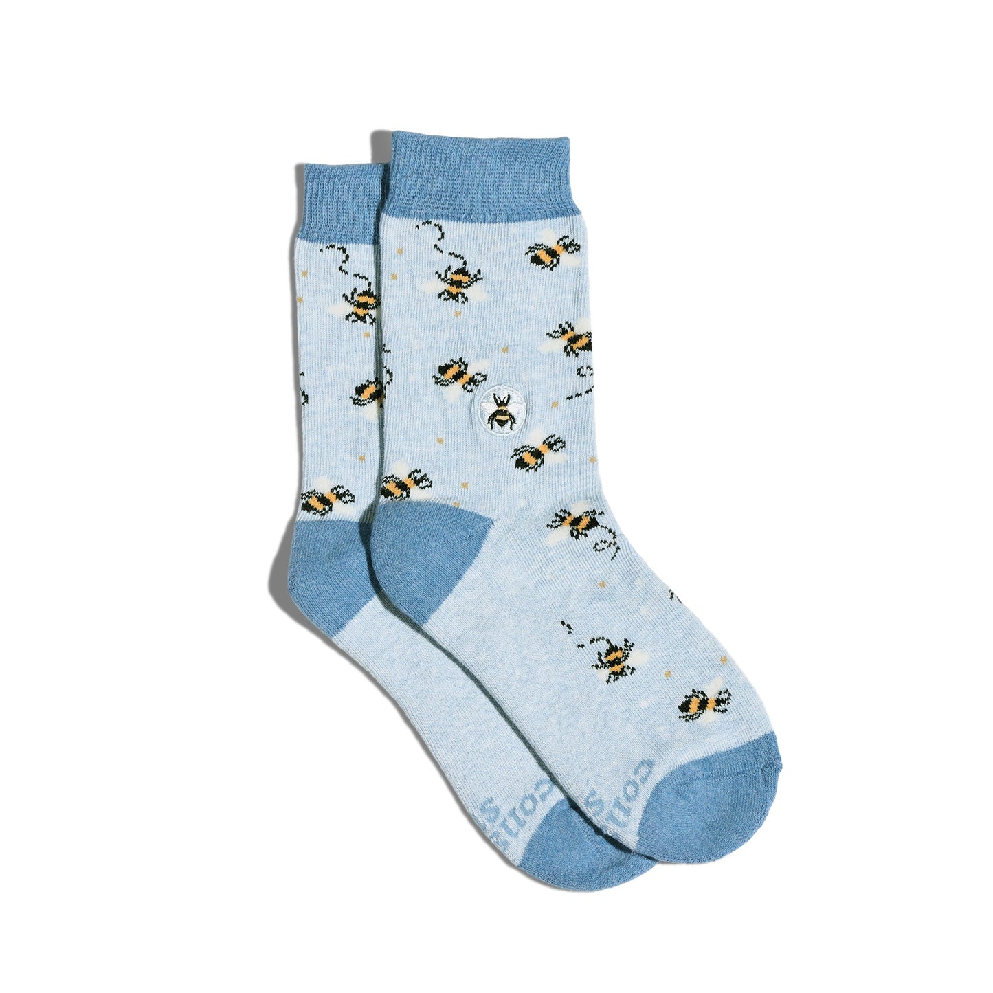 Light blue socks with bee pattern on a white background