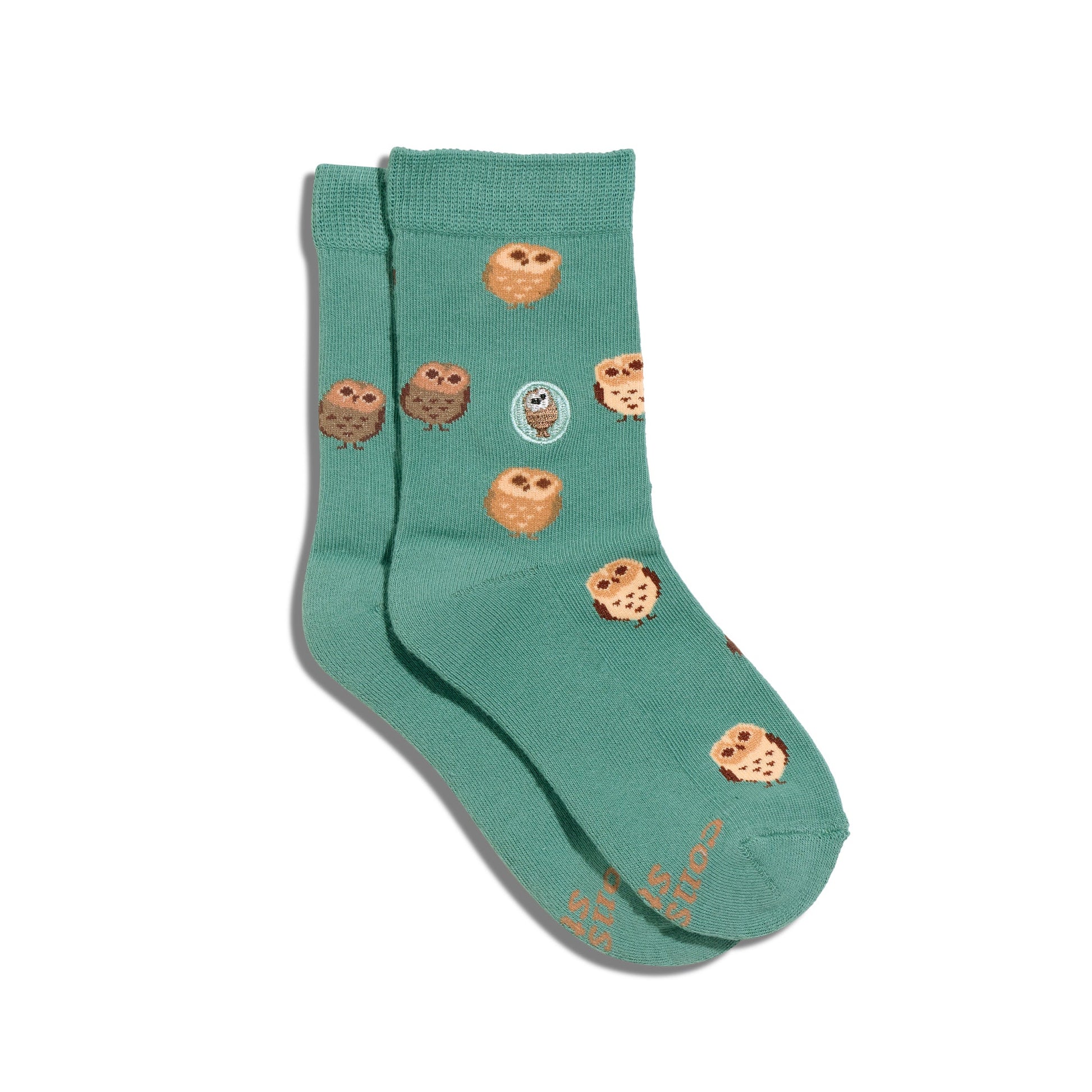 Green sock with owl and cookie designs on a white background