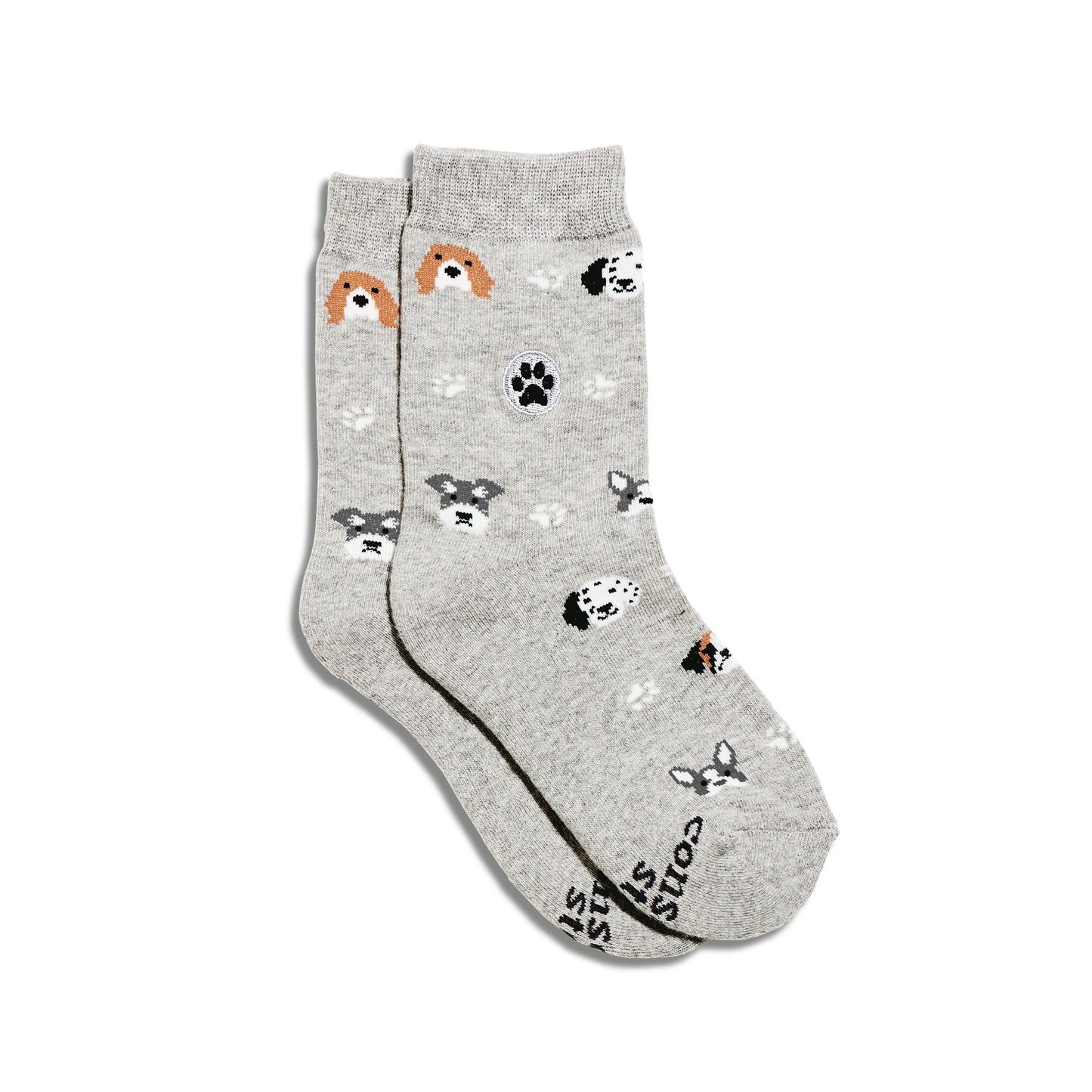 Gray socks with dog illustrations on a white background