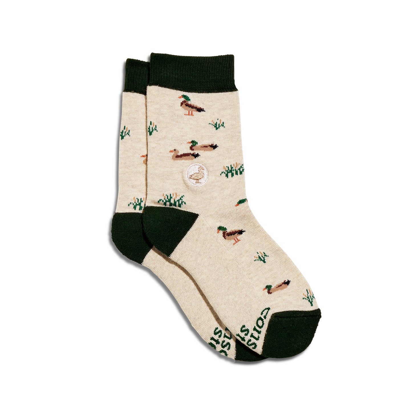 Beige socks with duck pattern on a white background