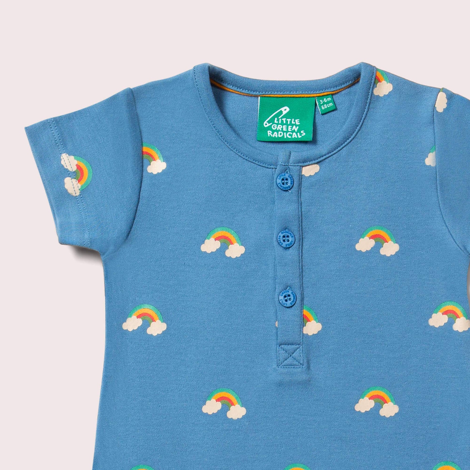 button detail for blue rainbows organic summer romper