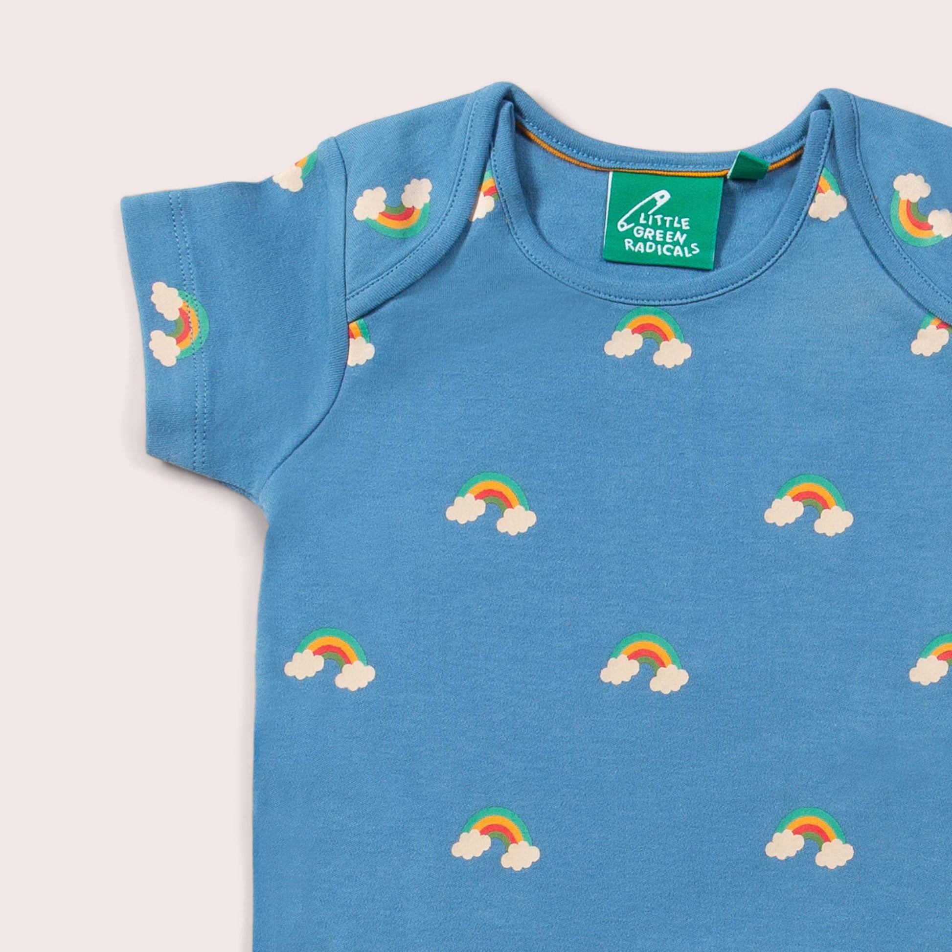 neck detail fro blue rainbows organic onesie