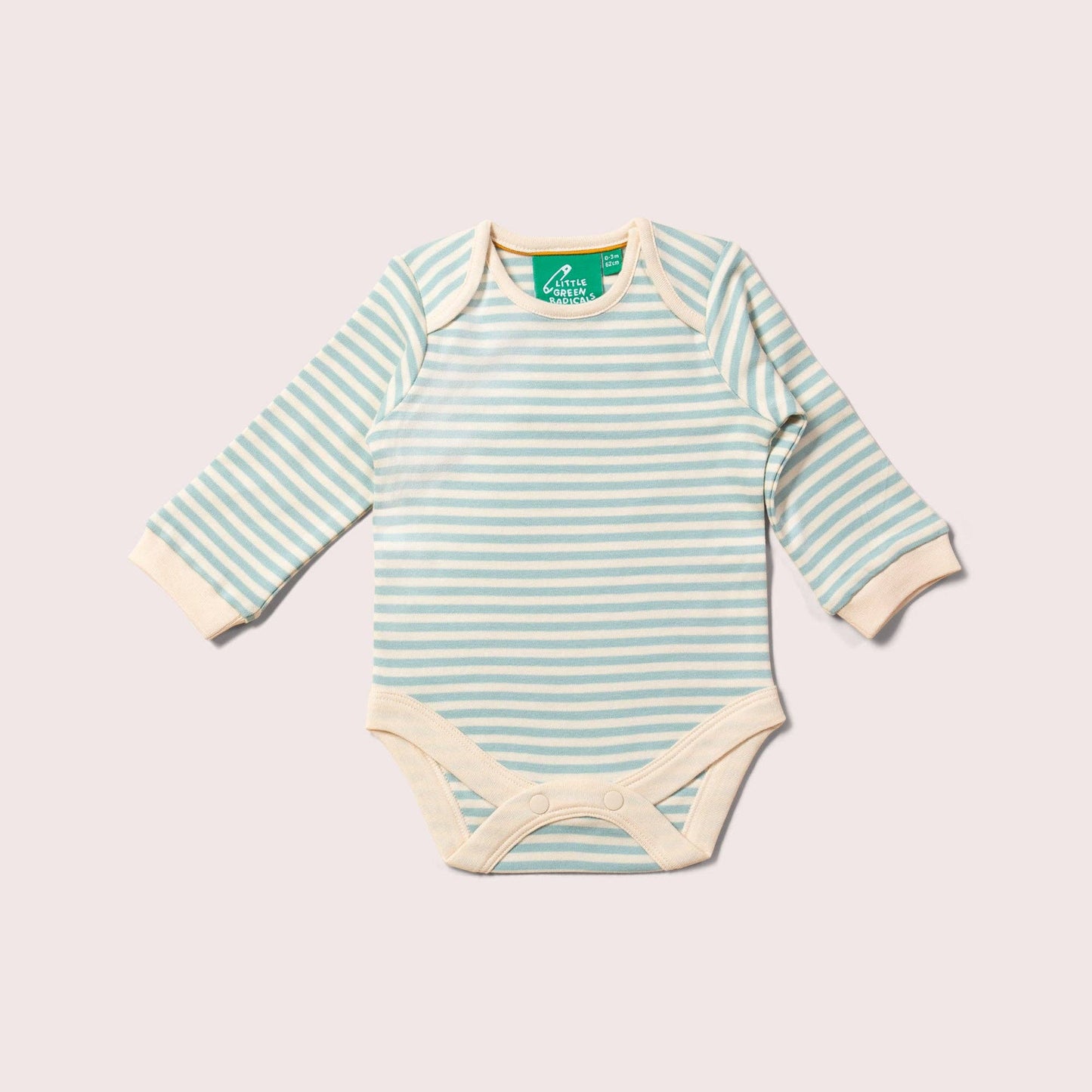 Organic blue stripe onesie flat lay