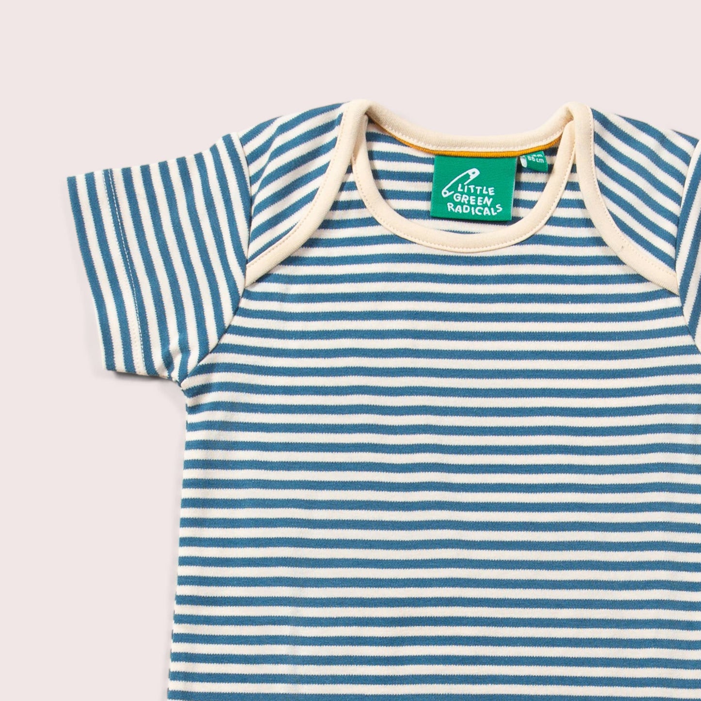 neck detail for organic blue stripes onesie