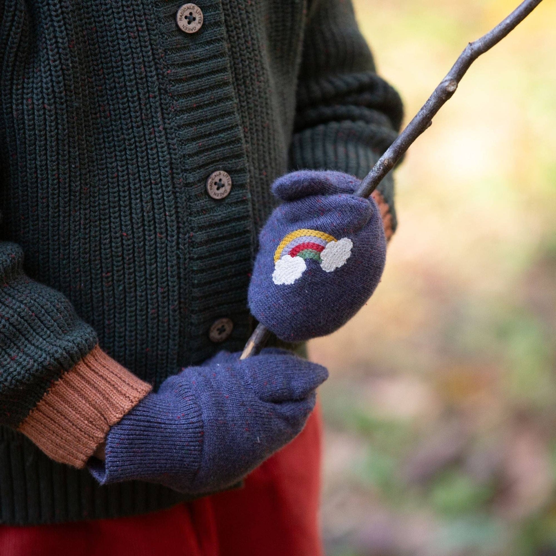 close-up of a child's hands wearing blue rainbow embroidered mittens and holding a stick