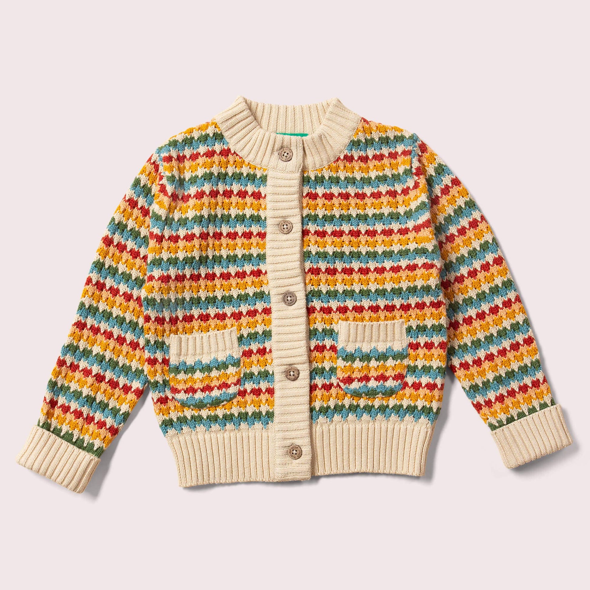 from one to another rainbow knitted cardigan flat lay