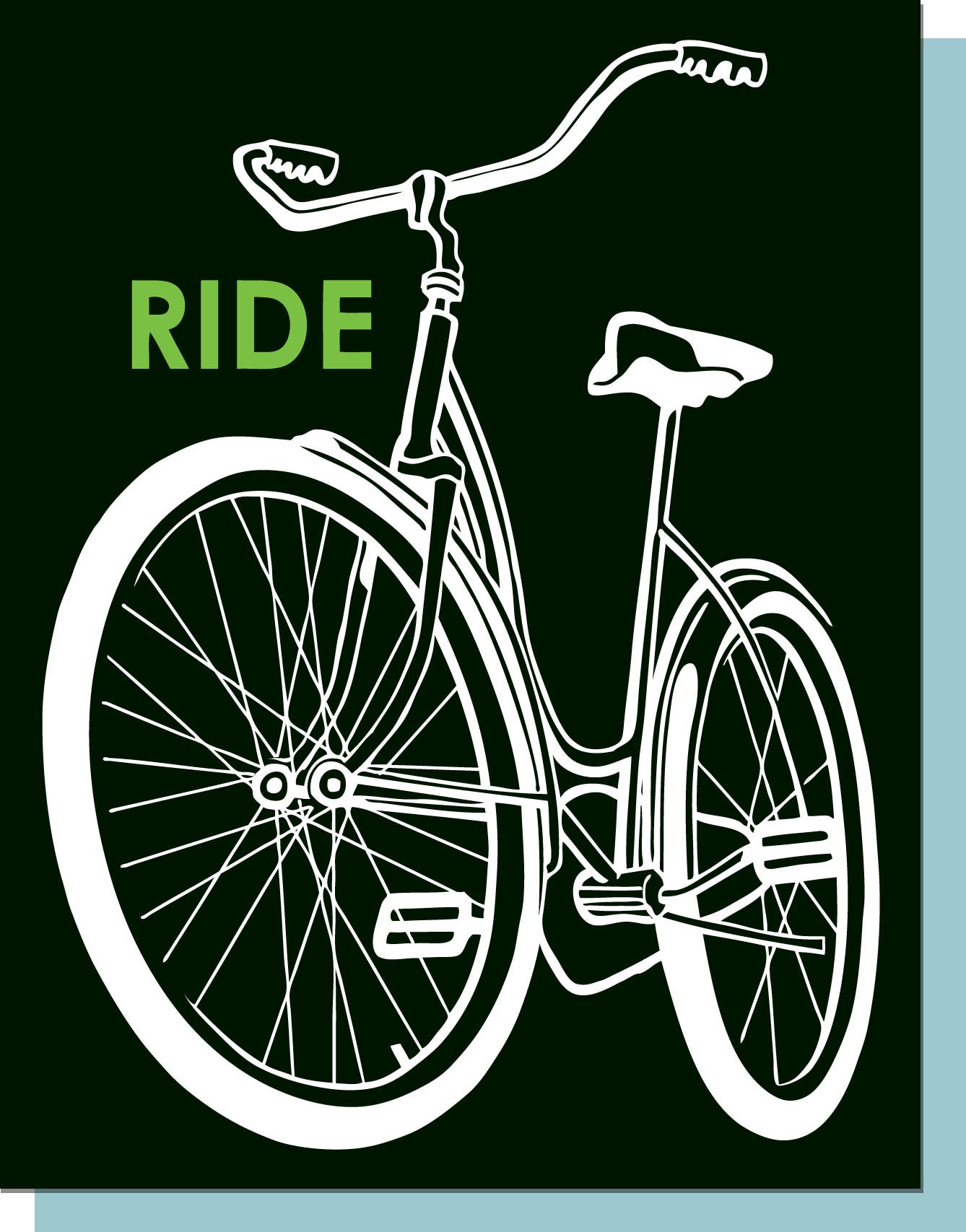 Black greeting card with white bicycle illustration and green 'RIDE' text