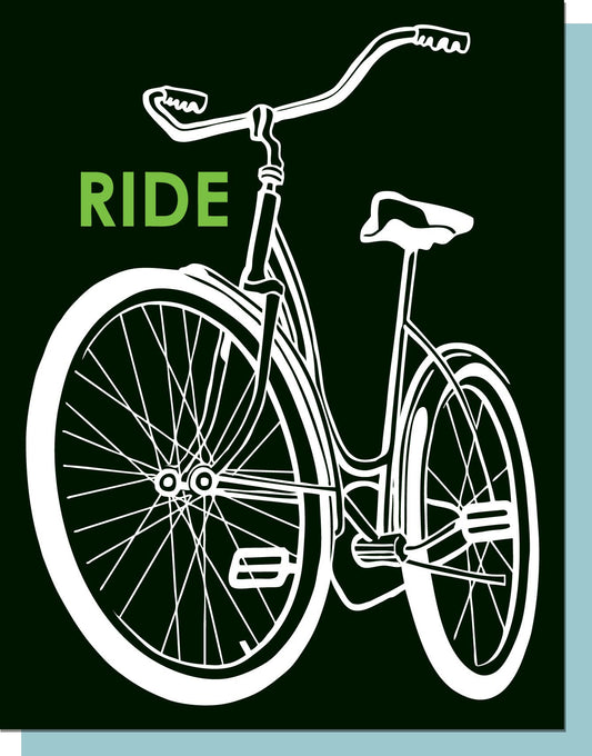 Black greeting card with white bicycle illustration and green 'RIDE' text