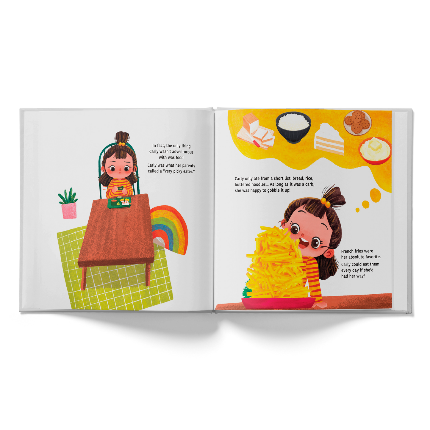 Illustrated book open to two pages with a character and food illustrations on a white background