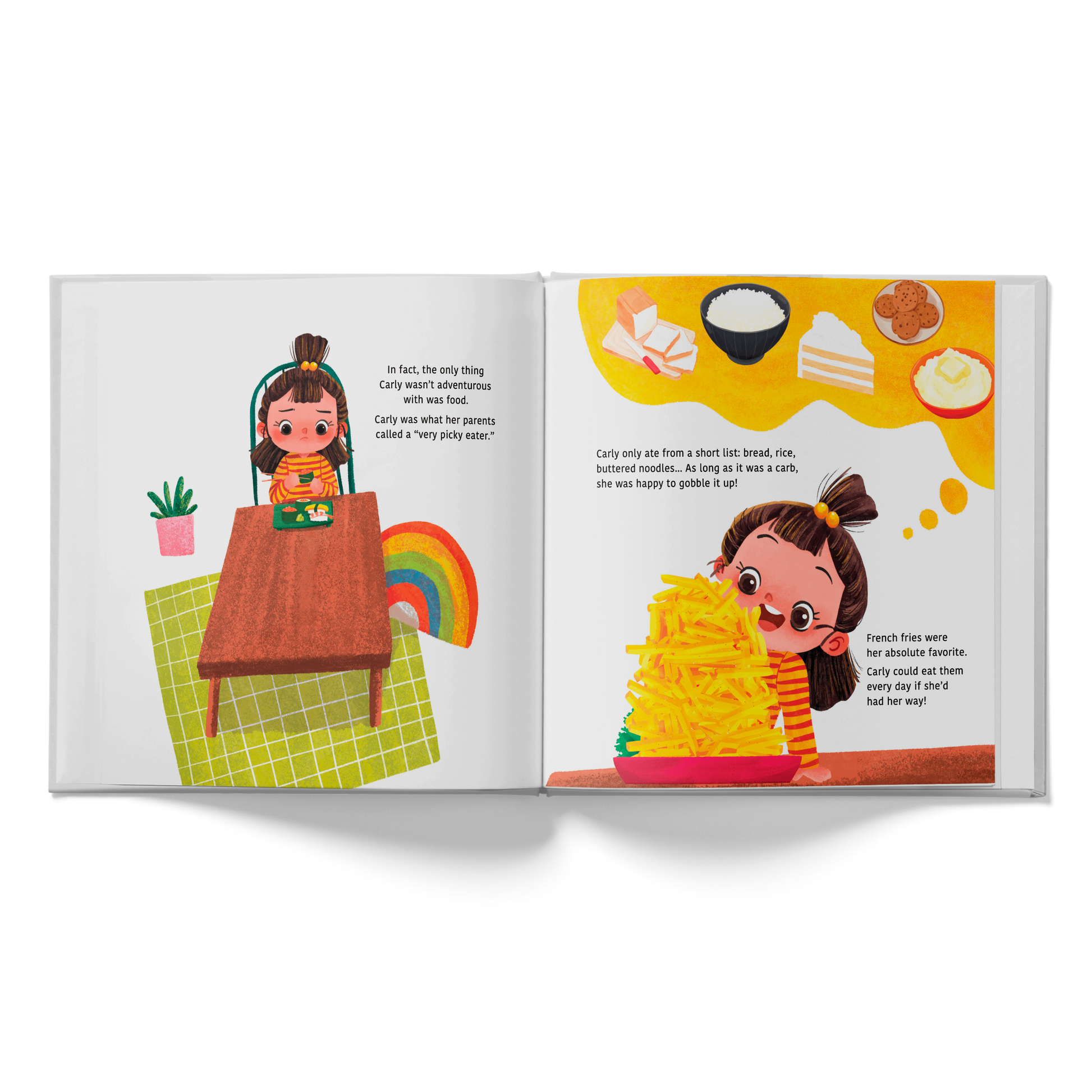Illustrated book open to two pages with a character and food illustrations on a white background