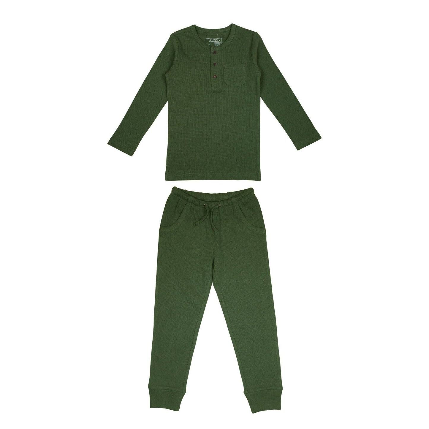 Green thermal pajama set with top and pants on a white background