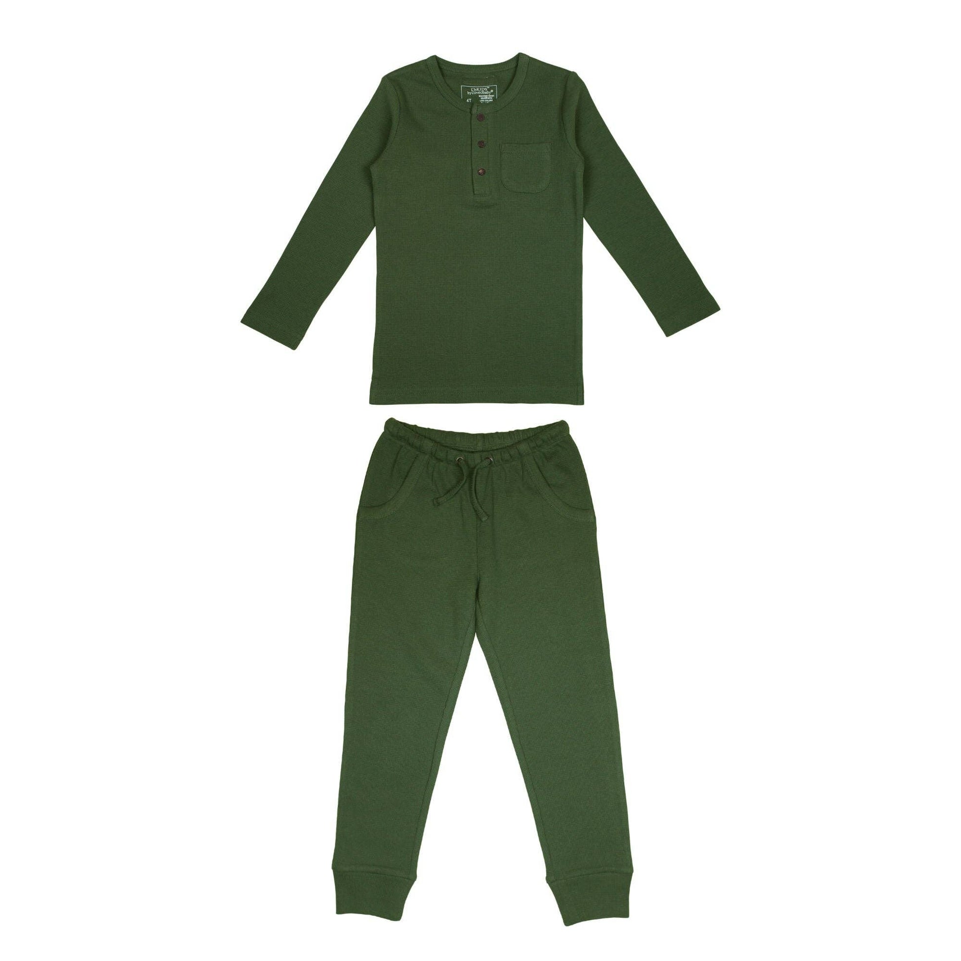 Green thermal pajama set with top and pants on a white background