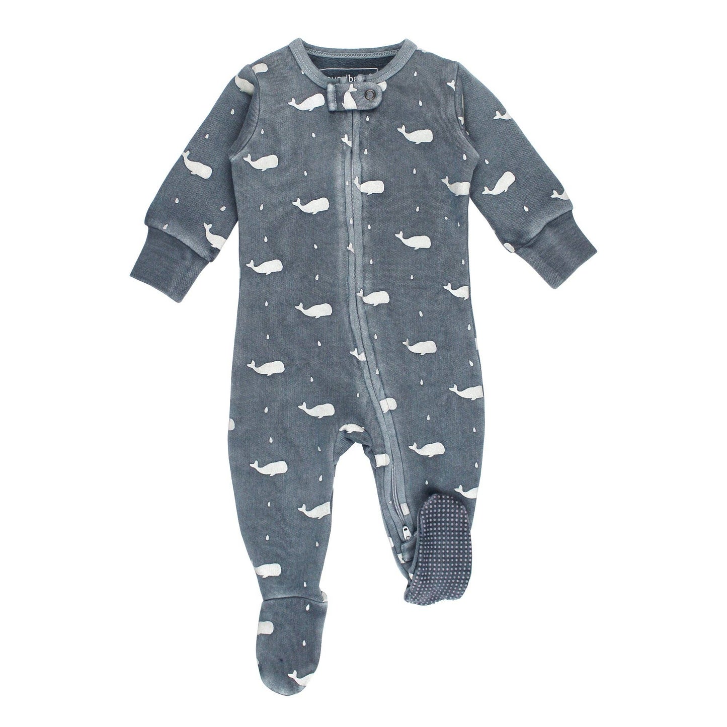 Gray footed baby romper with whales pattern on a white background