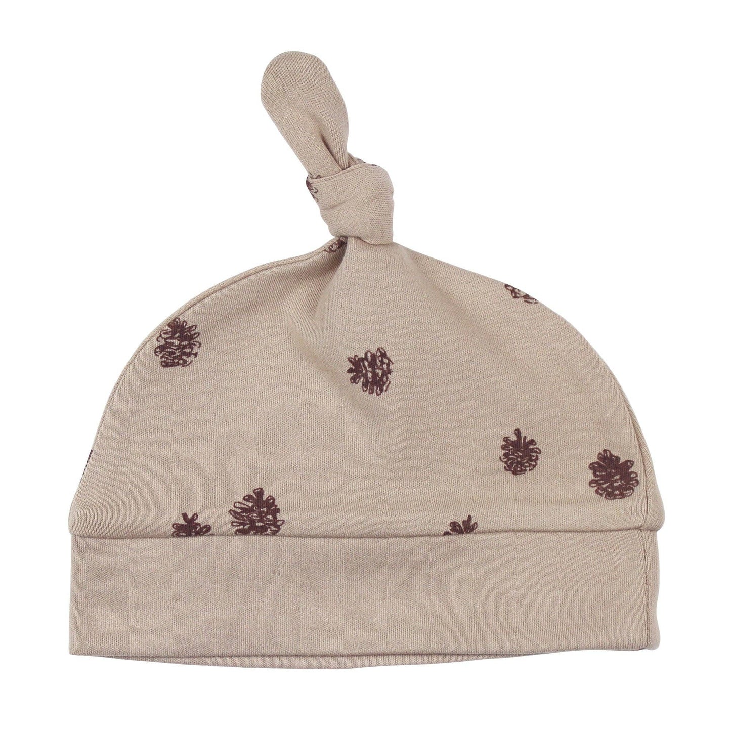 Beige baby hat with pine cone pattern on a white background