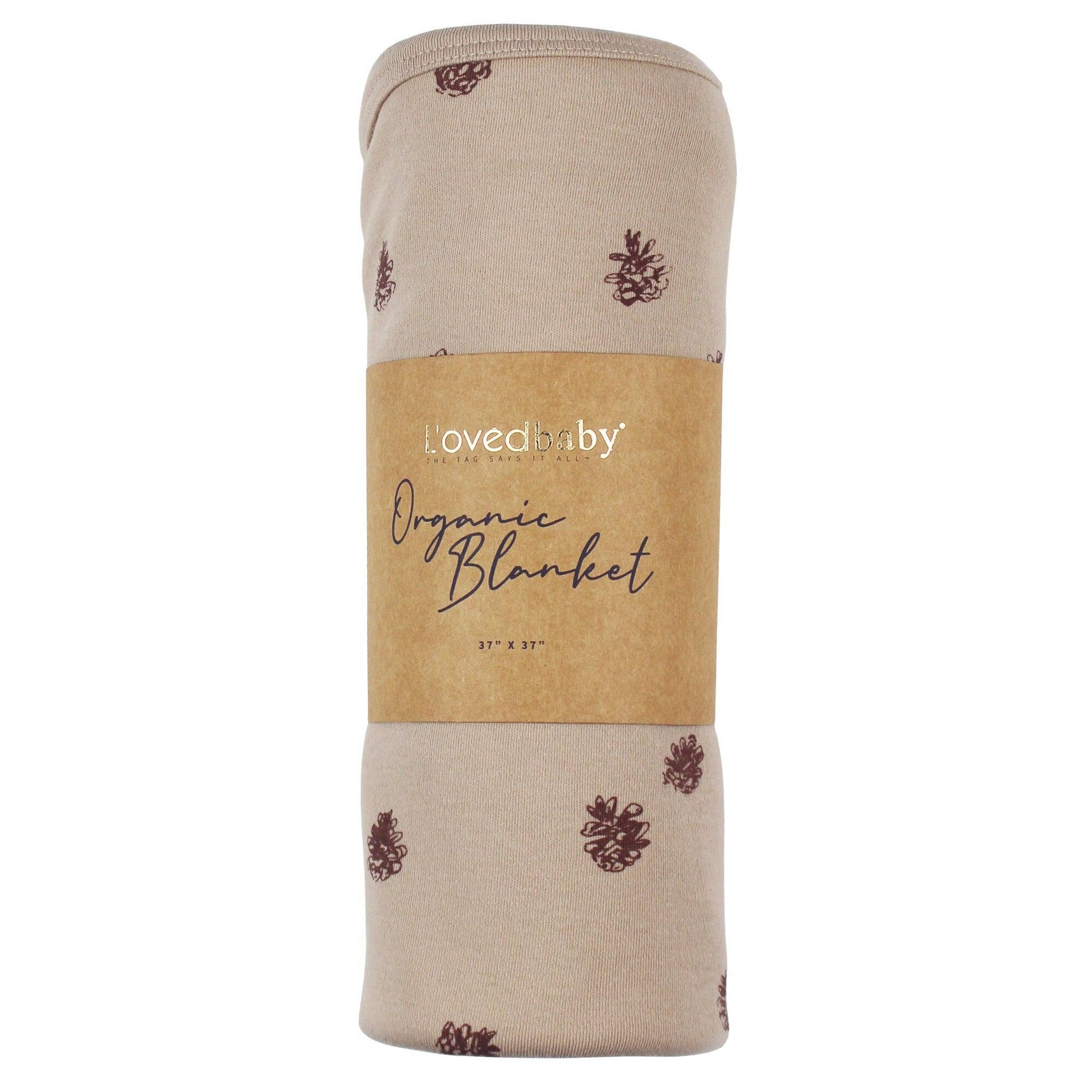 Beige organic blanket with 'l'oved baby' branding on a white background