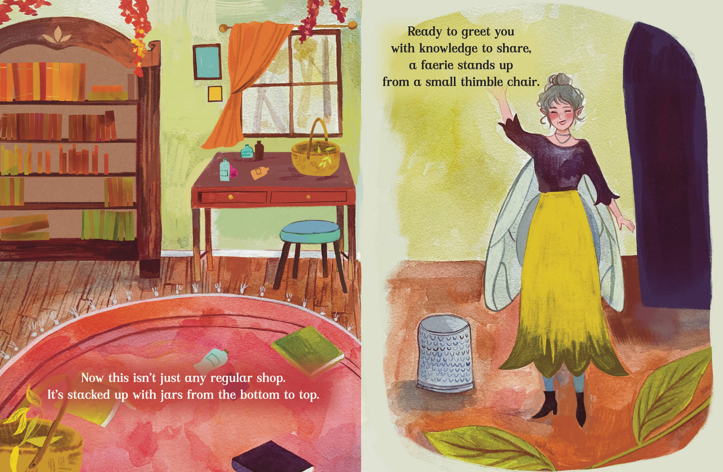 Illustrated book page with a fairy standing in a room filled with jars and books
