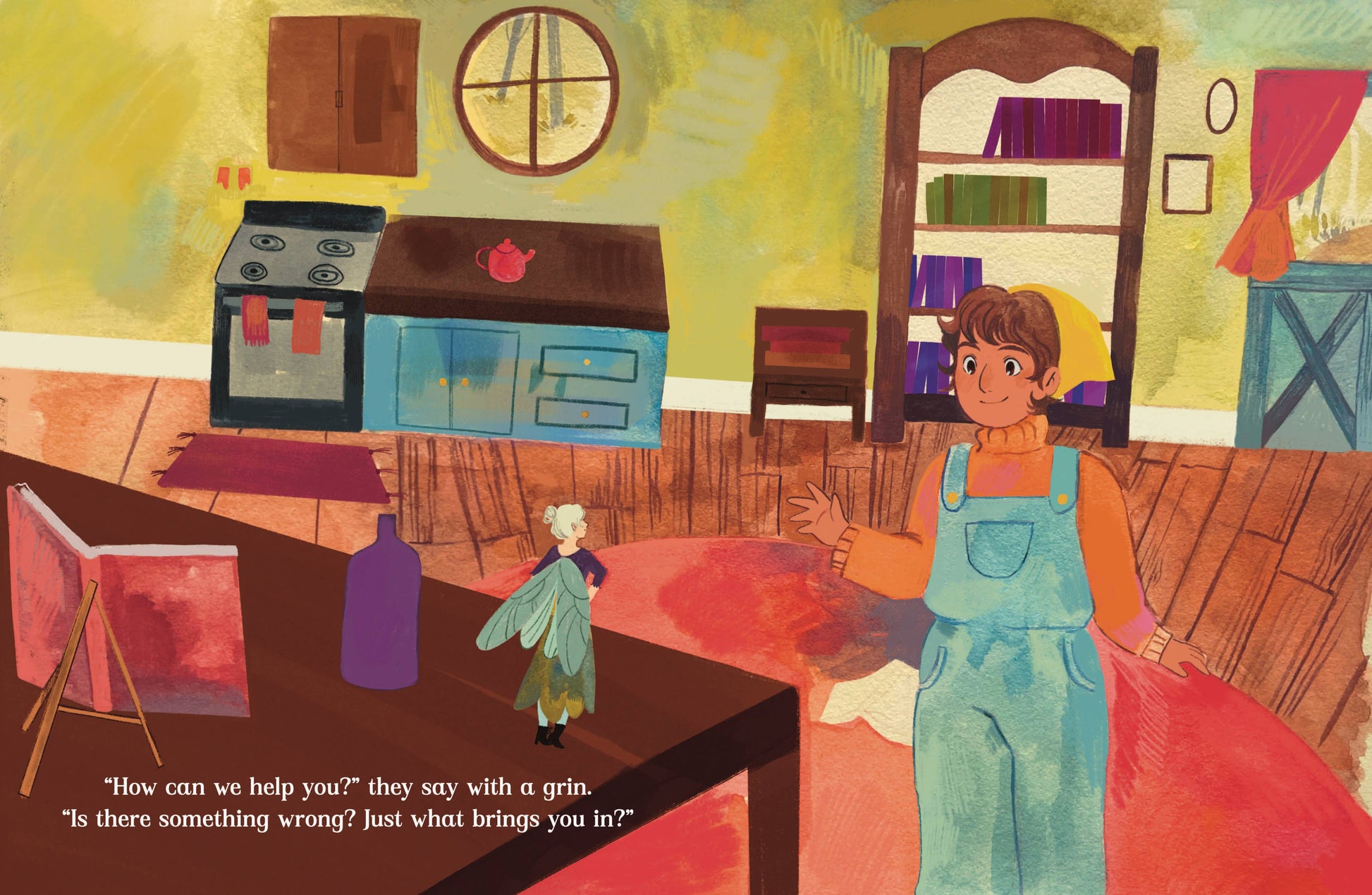 Illustration of a child in an apron sitting at a table with a fairy on it, in a kitchen