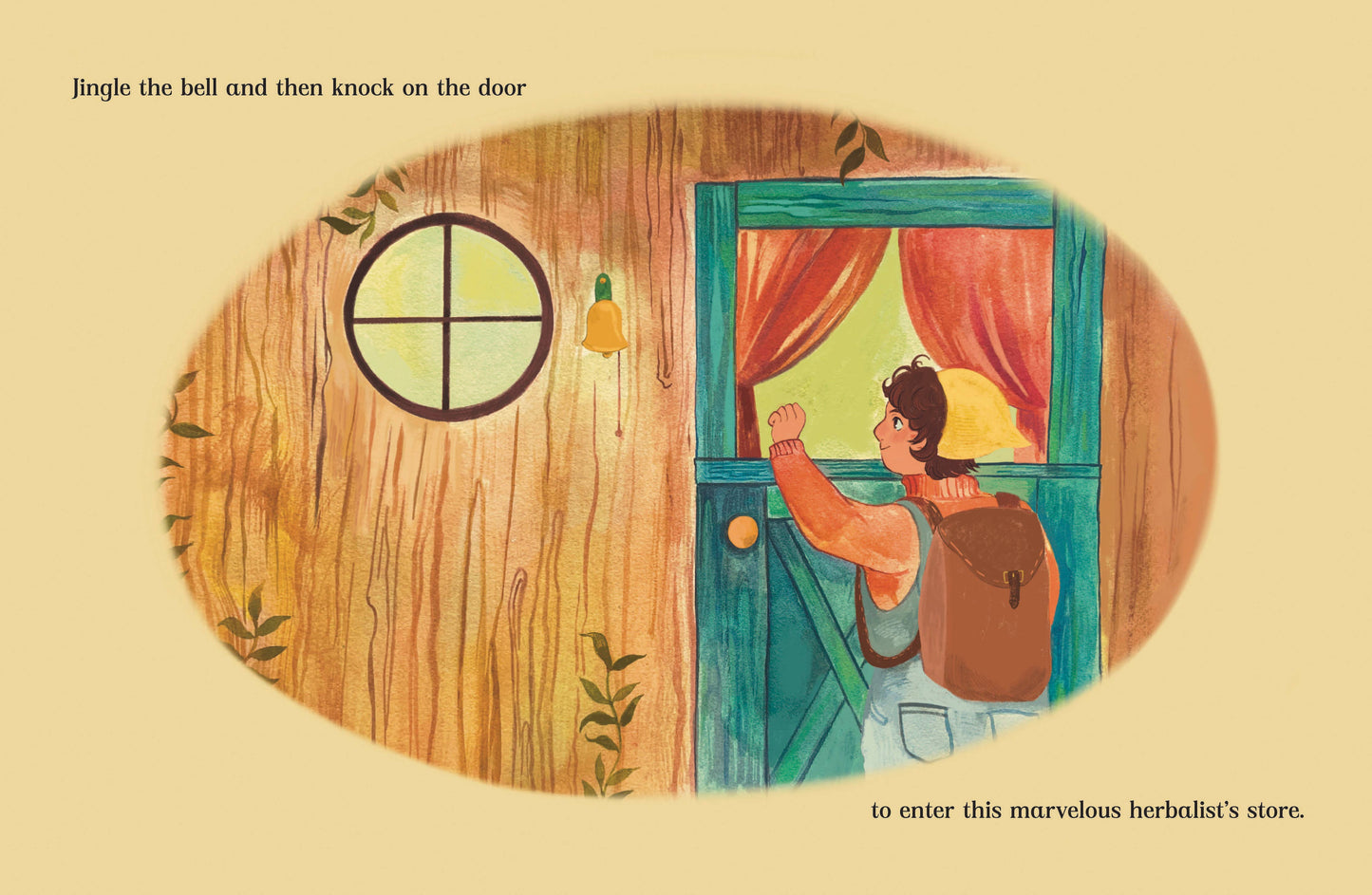 Book page illustration of a door with a child knocking, set against a beige background.