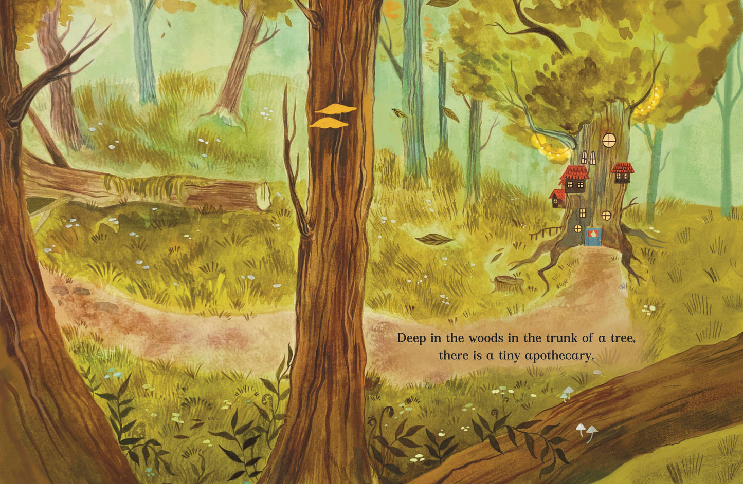 Illustration of a tree with a small house in the forest