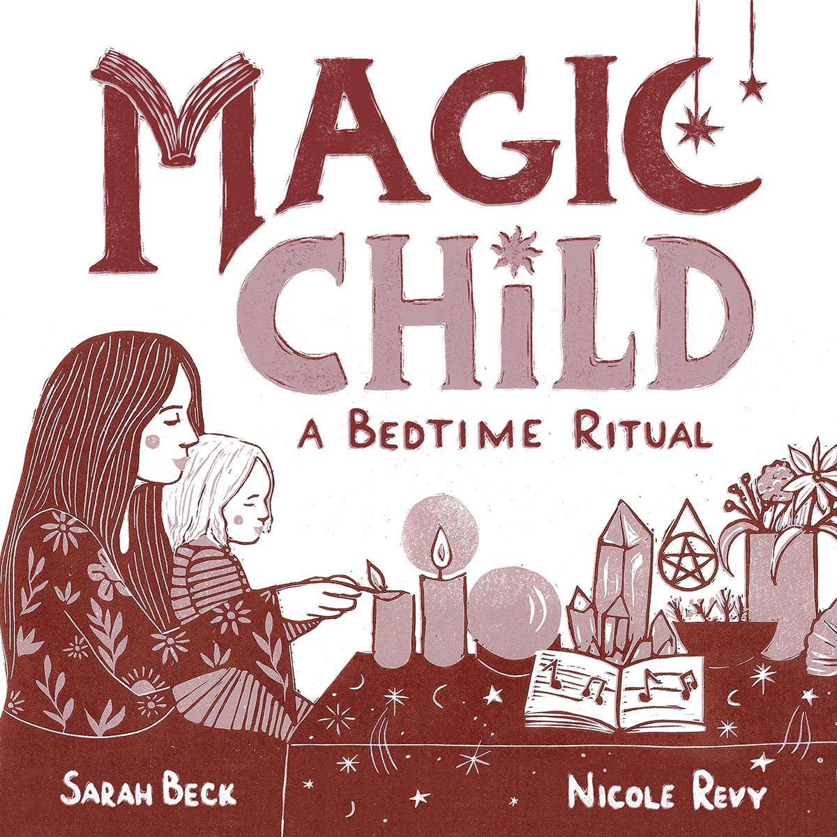 Book cover of 'Magic Child: A Bedtime Ritual' featuring a parent and child at a table with candles and crystals.
