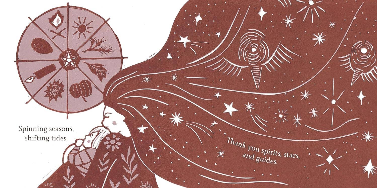 Book page illustration of a person with long hair and a child and celestial elements on a red background