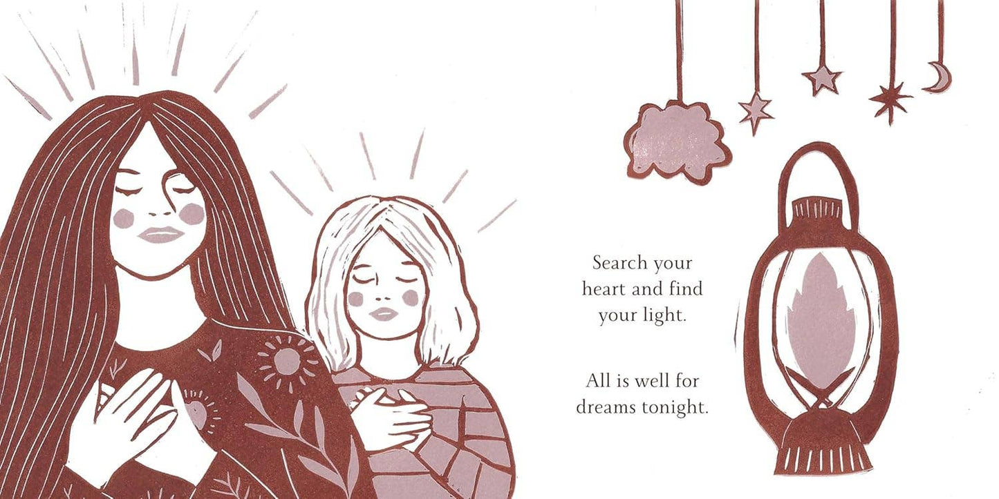 Book page illustration of a parent and child with a lantern and text on a white background