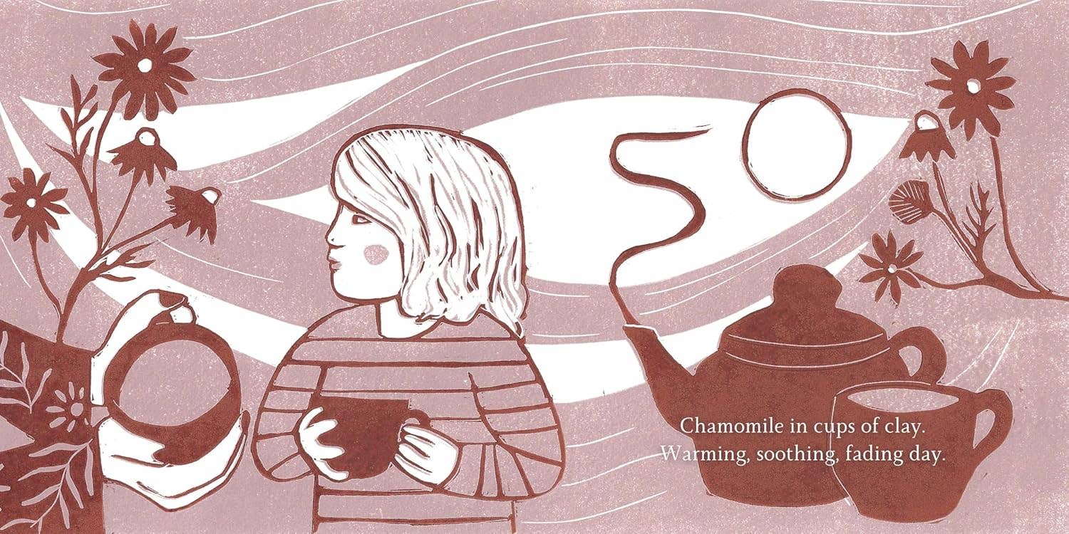 Book page illustration of a child holding a teacup with floral and teapot designs on a pink background.