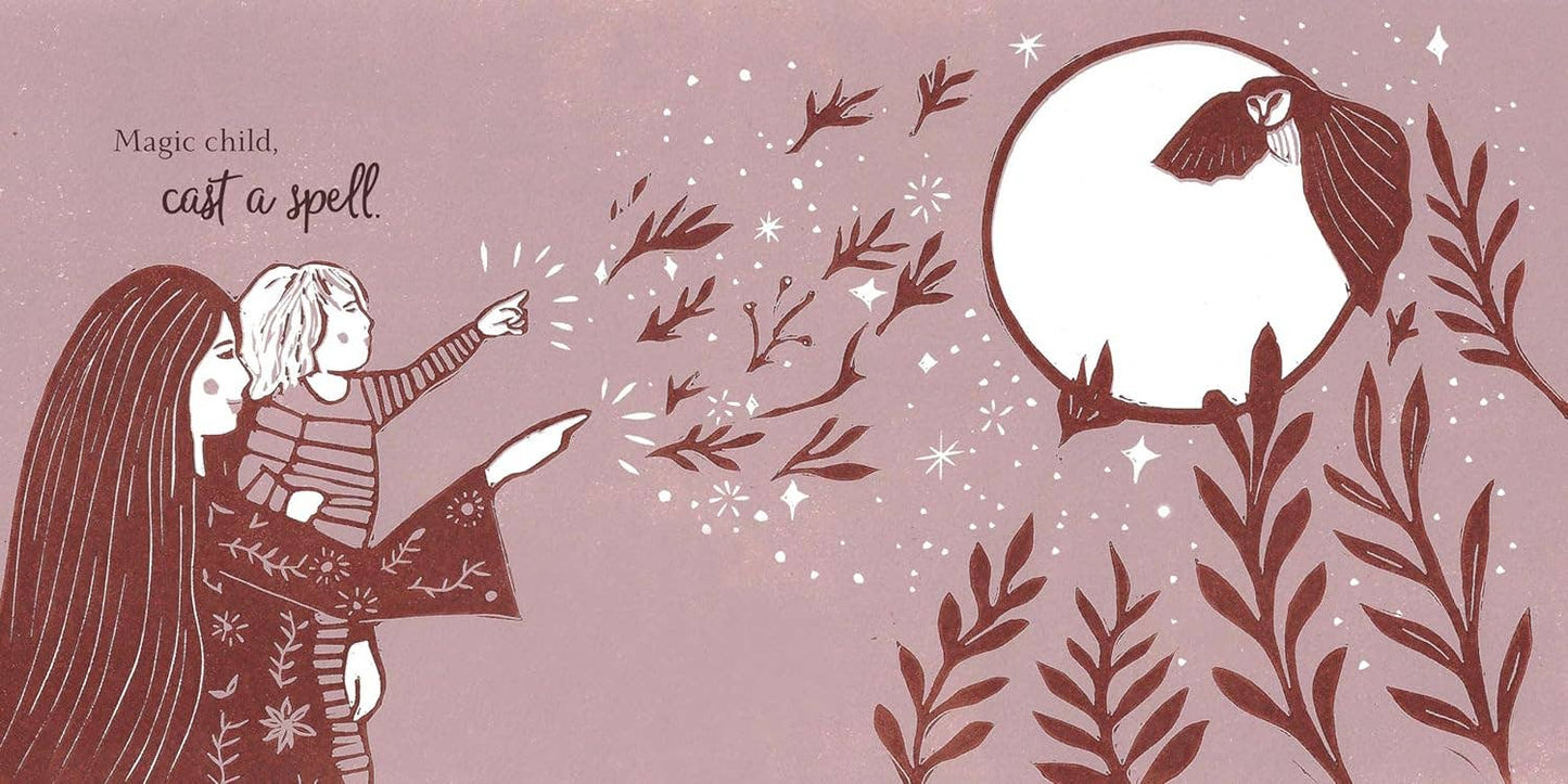 Book page illustration of a parent and child with a bird and moon on a pink background.