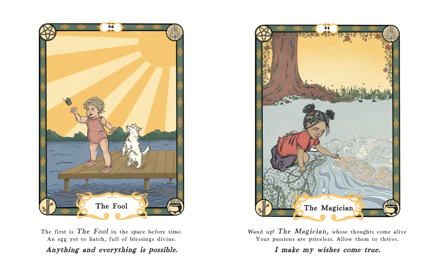 Two illustrated tarot cards from a children's book, one titled 'The Fool' and the other 'The Magician', with text underneath each card.
