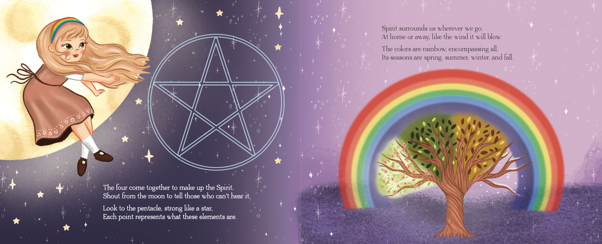 Illustrated book page with a child, pentagram, rainbow, and tree on a purple background