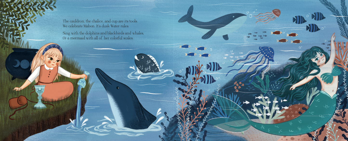 Book page illustration of a mermaid and whale in an underwater scene with text.