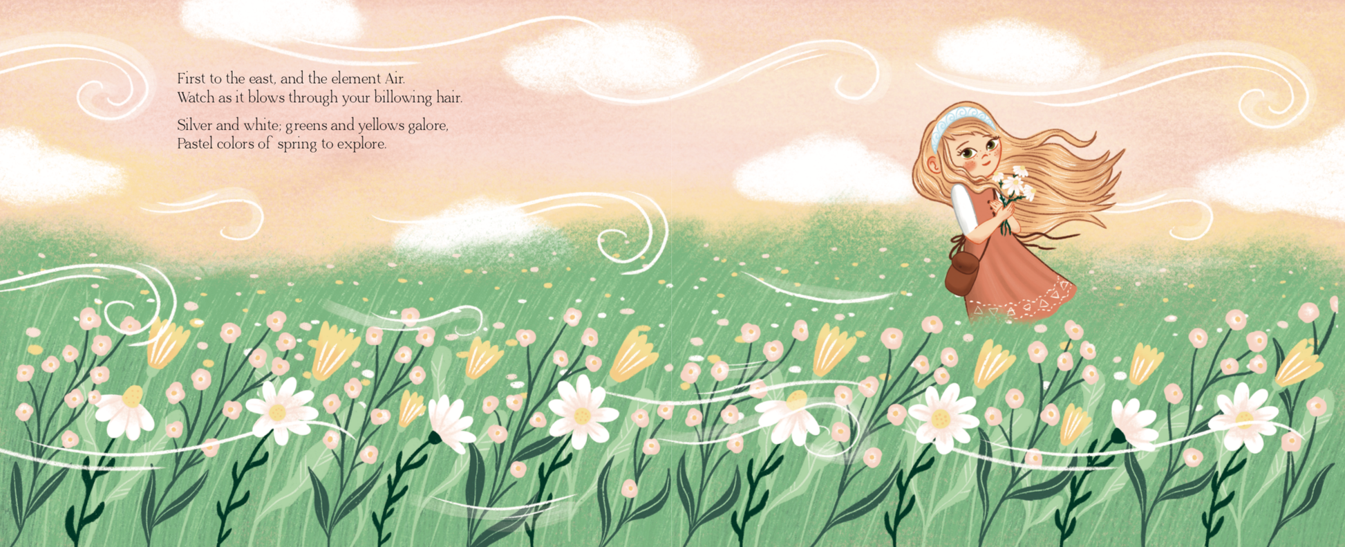 Illustration from the book "Song of the Elements" of a child with long hair standing in a field of flowers with a soft, pastel sky in the background